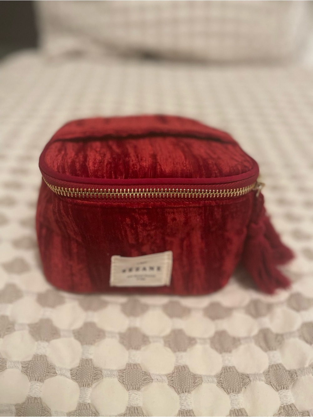 Sezane Red Velvet Travel Pouch with Gold Zipper